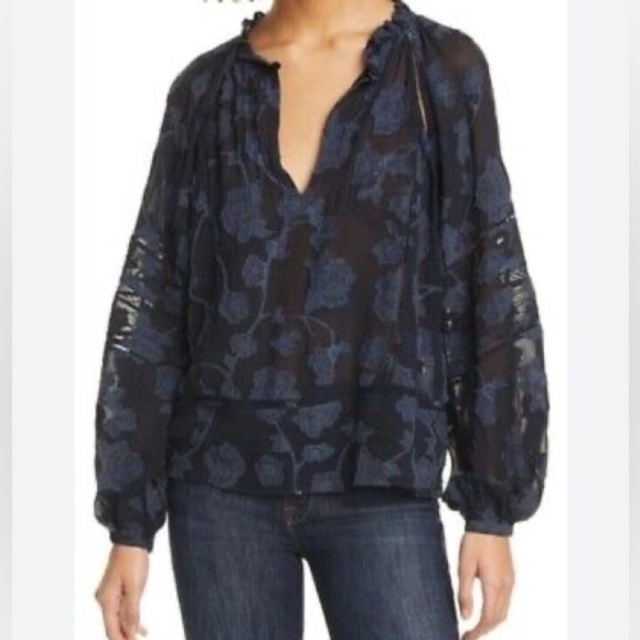 Joie Tops - Joie Chaylse Top Dark Navy Blue Floral Sheer Popoever Sz XS